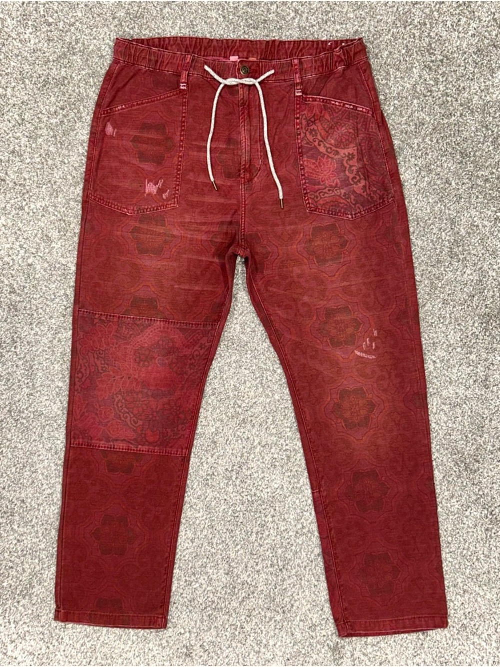 Pilcro Anthropologie Trailblazer Patchwork Pants Red Printed Straight Leg Boho L